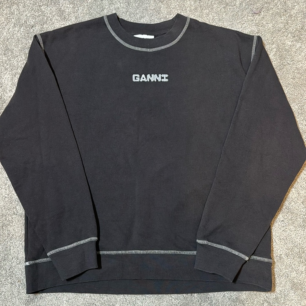GANNI Isoli Dark Rose Relaxed Sweatshirt Organic Cotton Wash Black Women's Small